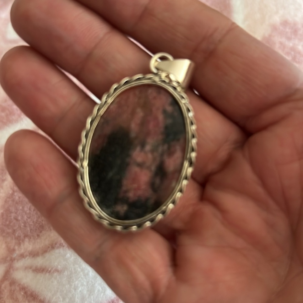 Rhodonite Oval Pendant – Pink & Black Natural Stone - Picture 2 of 2